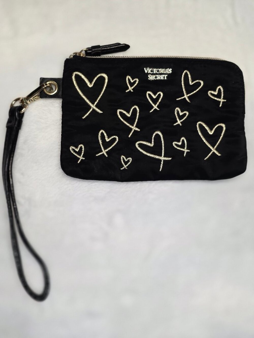 Victoria's Secret Black Wristlet Clutch Metallic Gold Embroidered Hearts Pouch